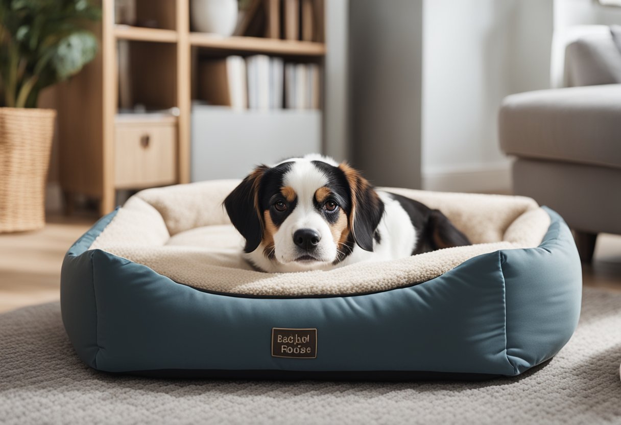 A dog bed being selected and cleaned, with a dog nearby