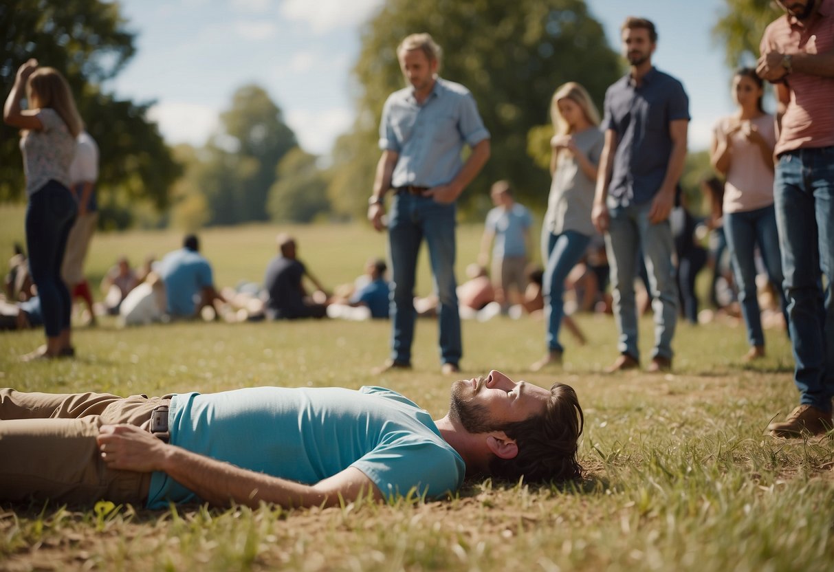 A person lying on the ground, surrounded by a group of people. One person is performing CPR while others are calling for help and preparing emergency supplies. The scene is set on a sunny day with a kite flying in the background