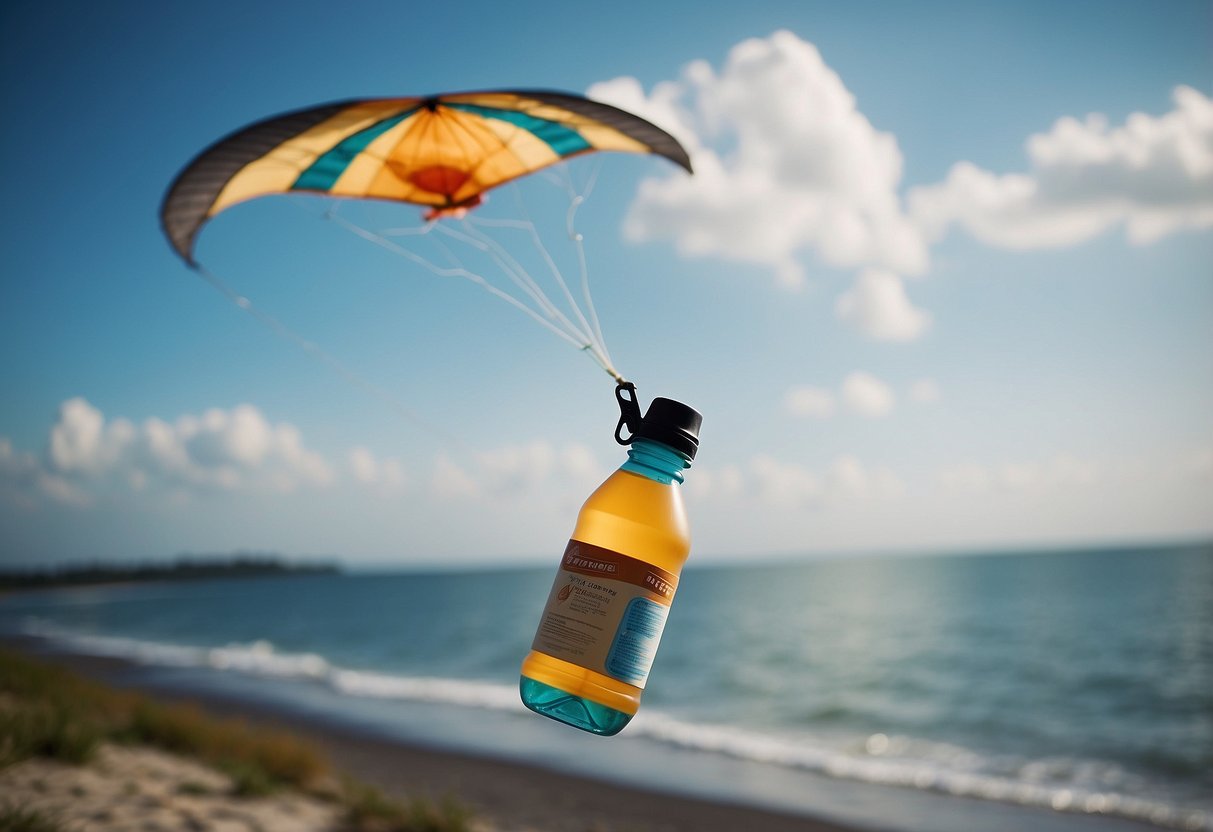 A kite flying in the sky with a water bottle and emergency kit nearby