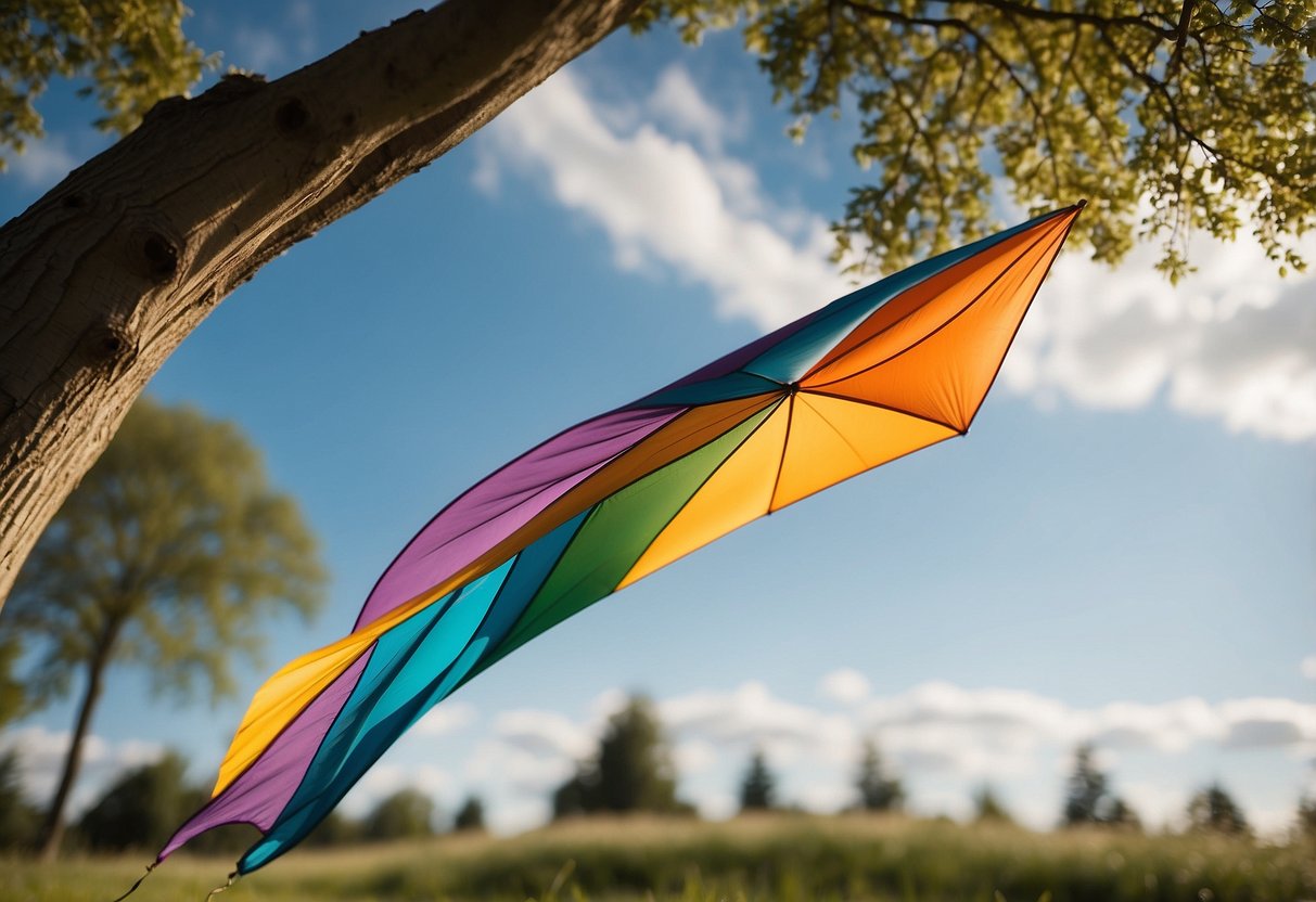 A colorful kite flies high in the sky, its tail twisting and turning in the wind. The surrounding trees and grass bend and sway as the wind patterns change