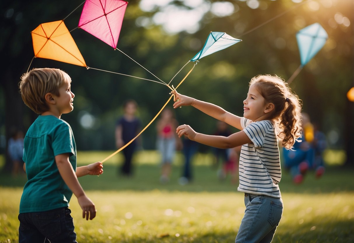 Children flying kites in a park, following safety rules and handling emergencies with adult supervision nearby