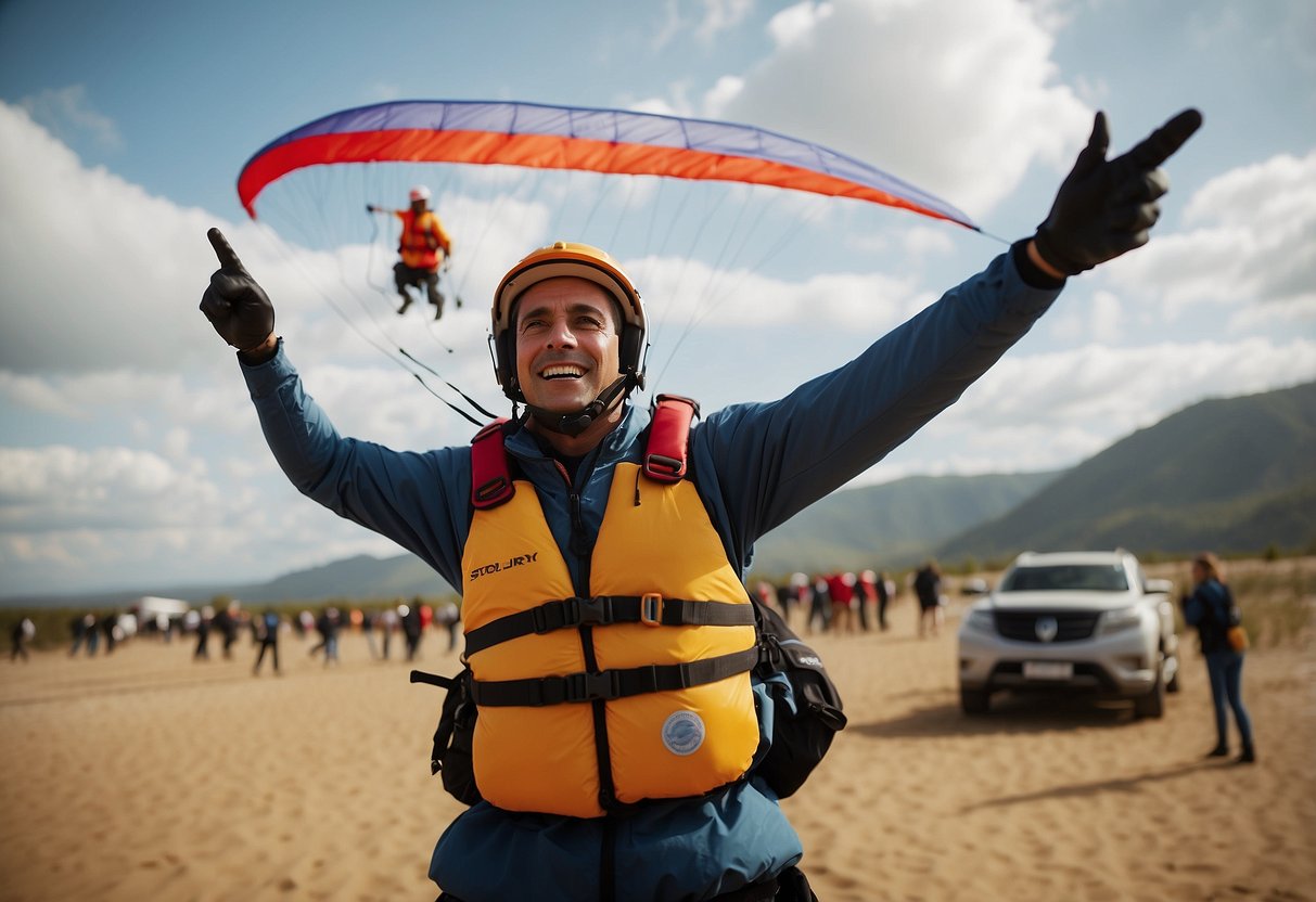 Kite flying emergency: person signals rescue team. Stay calm, assess situation, secure area, and use communication devices. Follow safety guidelines and wait for help
