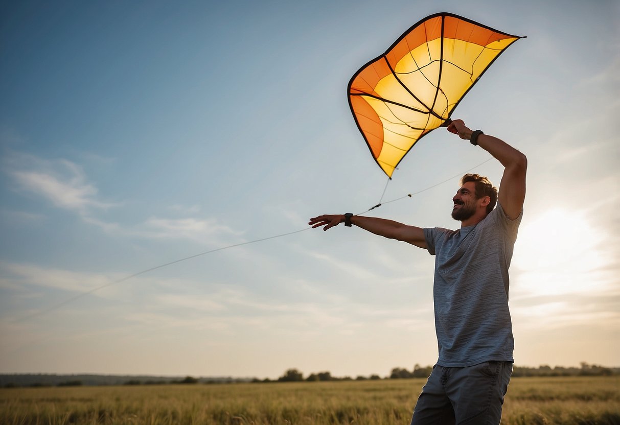 A kite flying enthusiast stretches before and after flying, following 7 tips for managing sore muscles