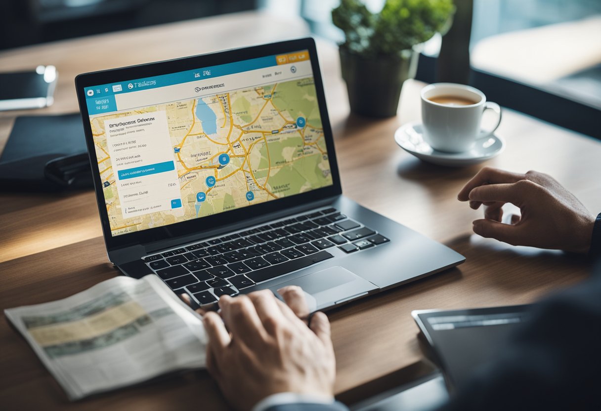 A traveler searches online for budget accommodations, comparing prices and reading reviews. A map and a laptop are on the table