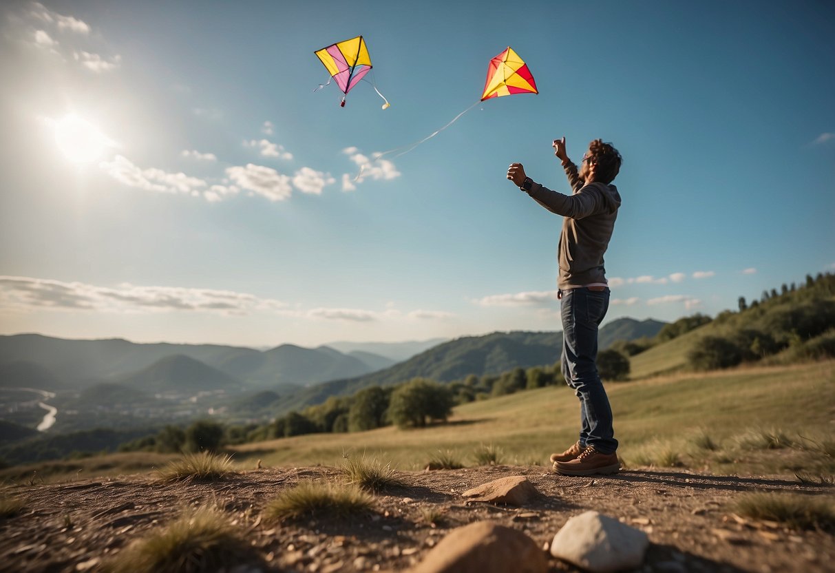 A person reaching for a bottle of pain relievers with a kite flying in the background, surrounded by outdoor scenery