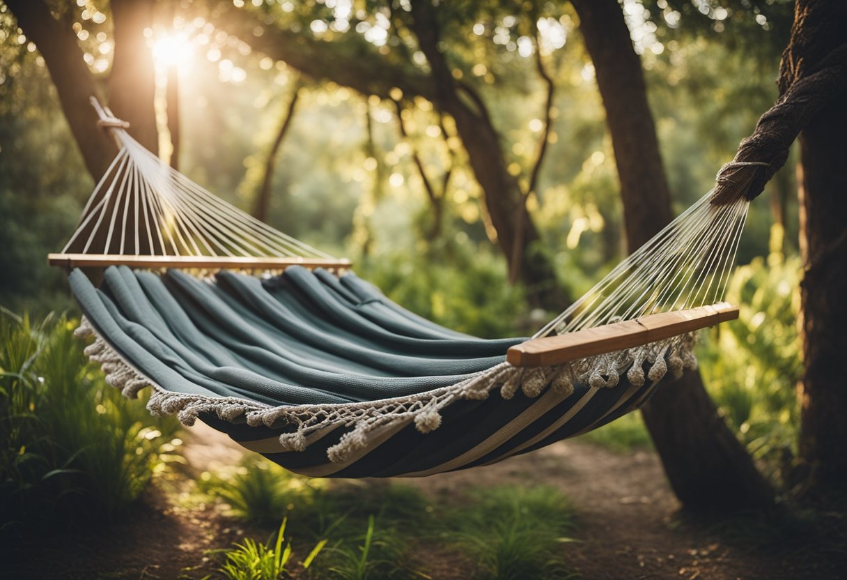 A cozy, budget-friendly alternative accommodation with rustic decor and natural surroundings. A hammock hangs between two trees, inviting relaxation