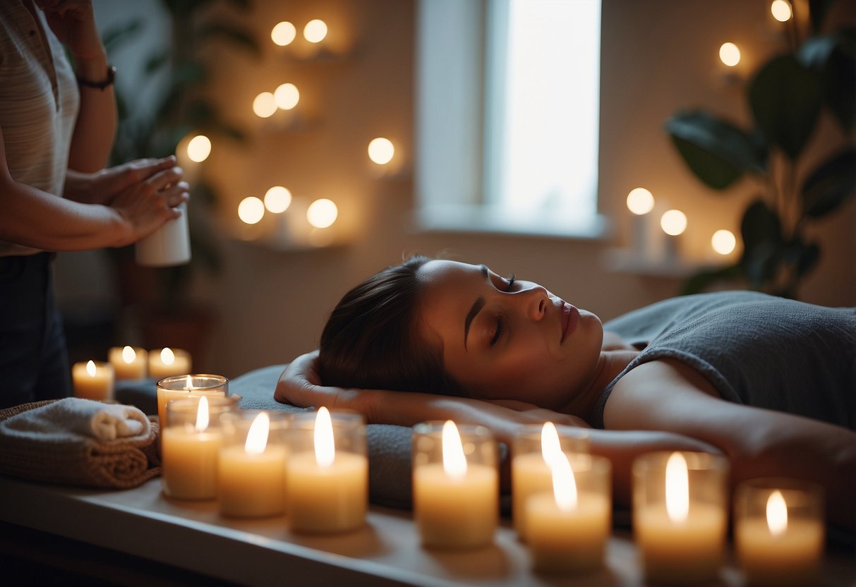 A person lying on a massage table, surrounded by soothing candles and soft music, while a massage therapist works on their sore muscles