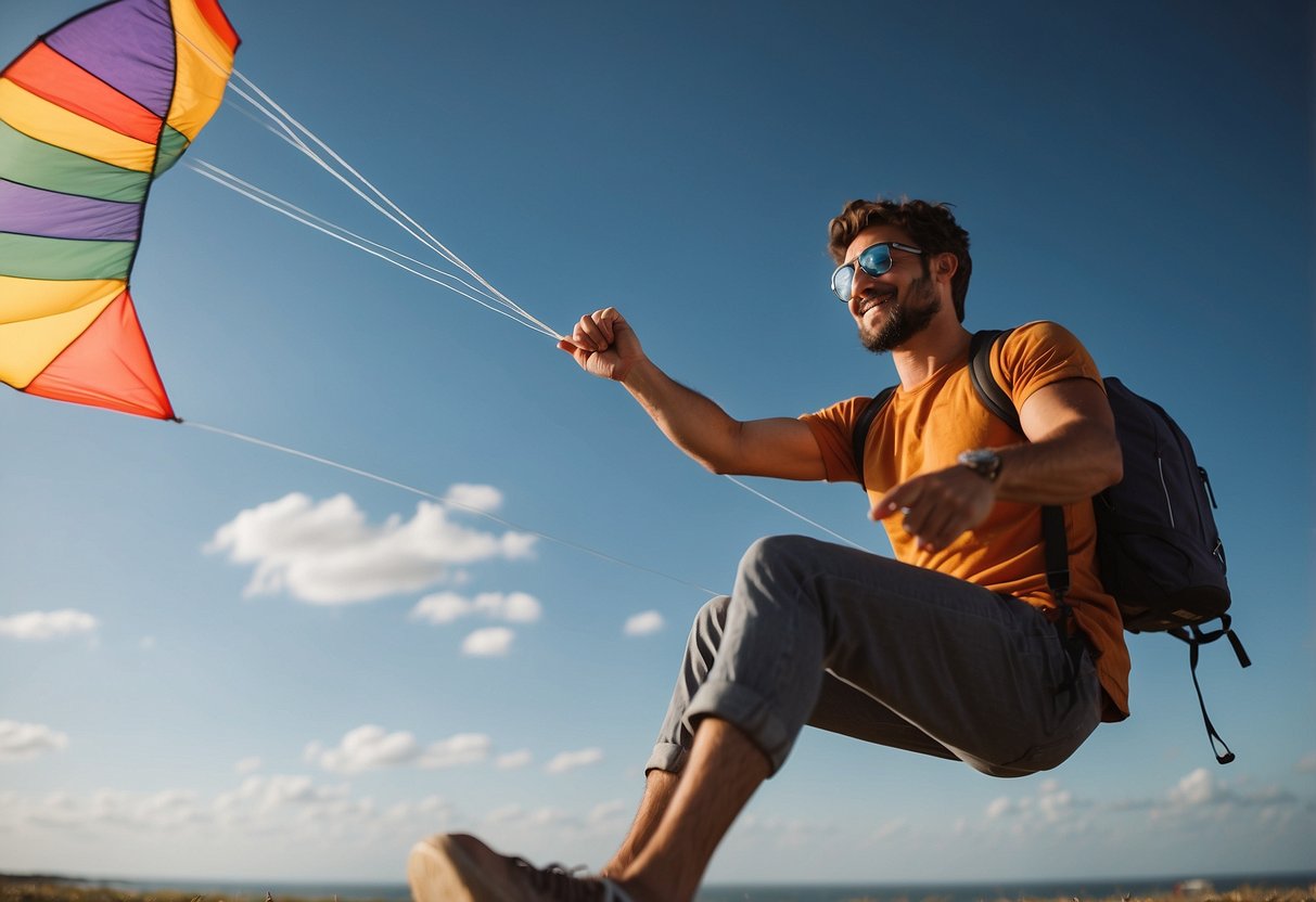 A person flies a kite while following 7 tips for preventing and managing sore muscles. They stretch, hydrate, and use proper equipment