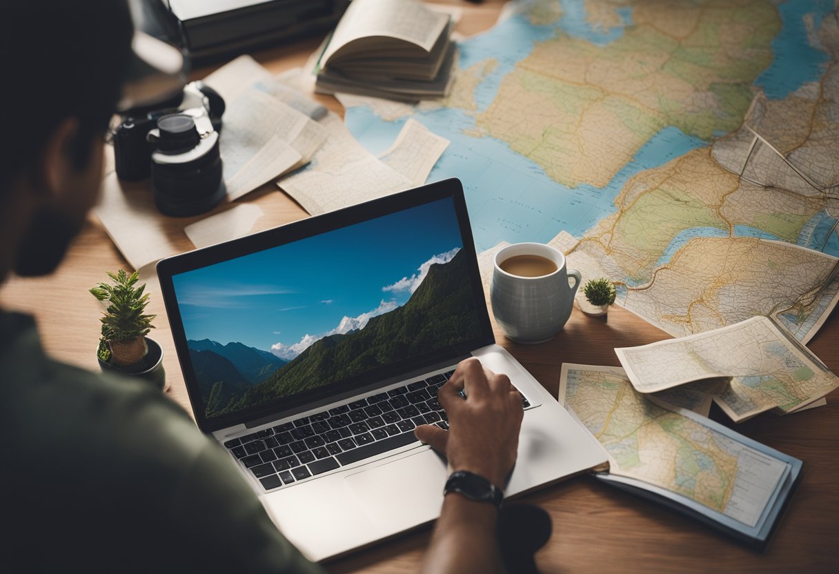 A traveler searches online for budget accommodations, surrounded by maps, guidebooks, and a laptop