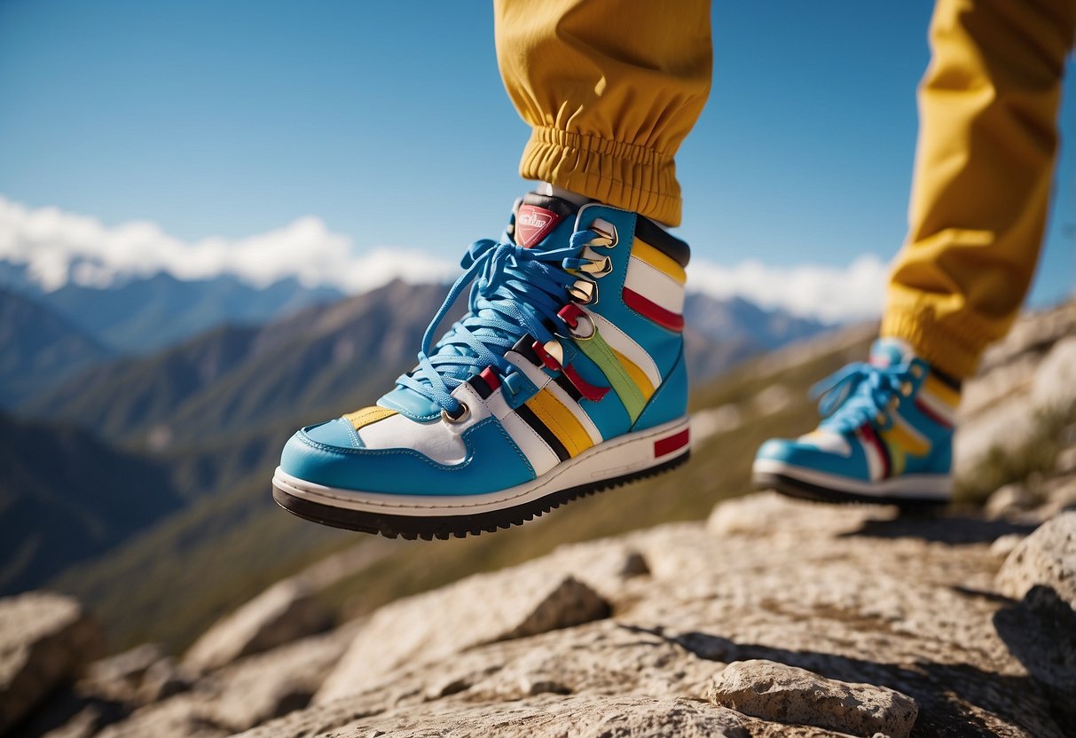 Colorful kite flying shoes on rocky terrain, with rocky mountains in the background and a clear blue sky above