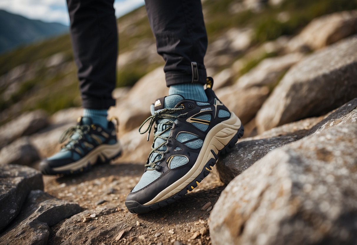 A rocky terrain with a pair of Merrell All Out Blaze Aero Sport shoes flying a kite