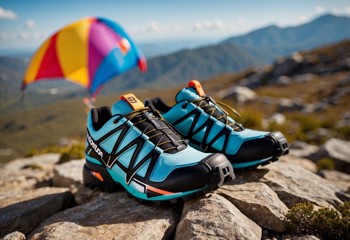 A pair of Salomon Speedcross 5 shoes flying high above rocky terrain with a colorful kite trailing behind