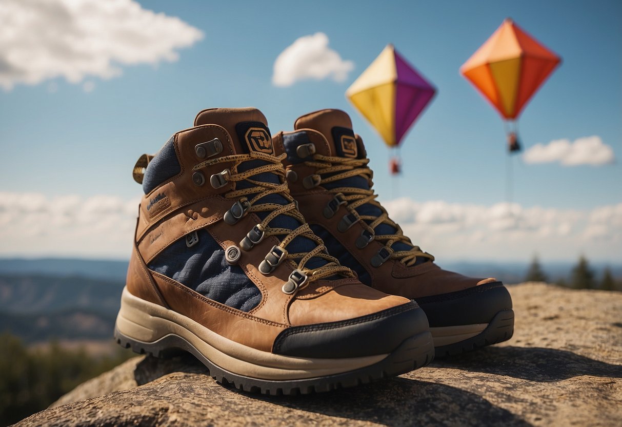 A pair of Columbia Redmond Waterproof shoes flying kites over rocky terrain