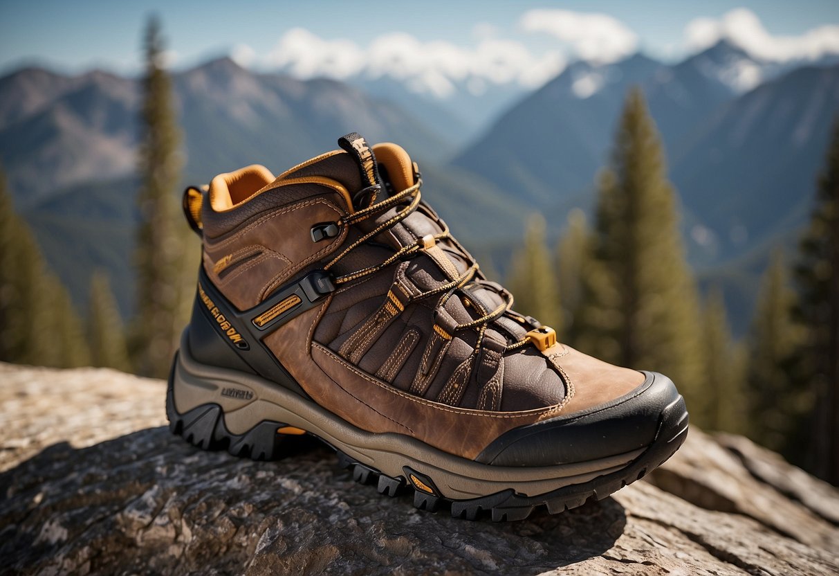 A pair of KEEN Targhee III shoes flying high over rugged terrain, with rocky mountains in the background