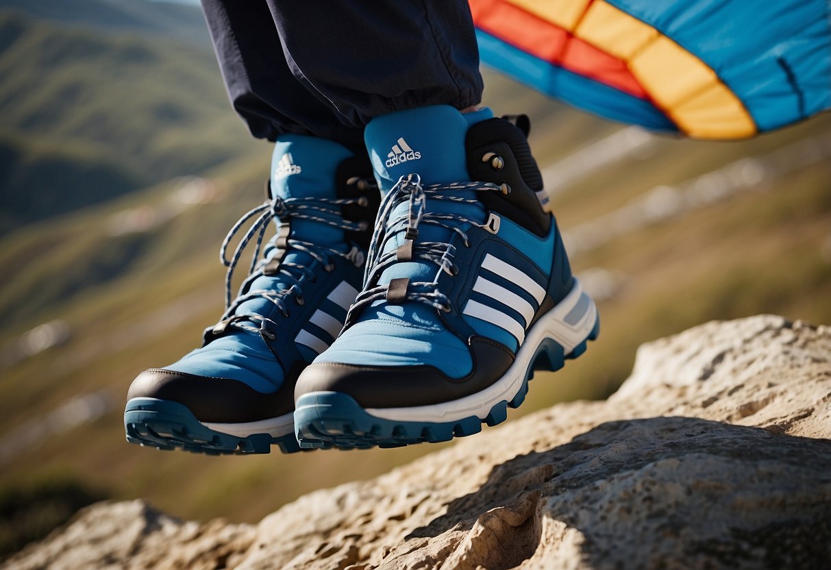 A rugged mountain trail with rocky terrain. A pair of Adidas Terrex AX3 shoes flying a colorful kite against the backdrop of a clear blue sky