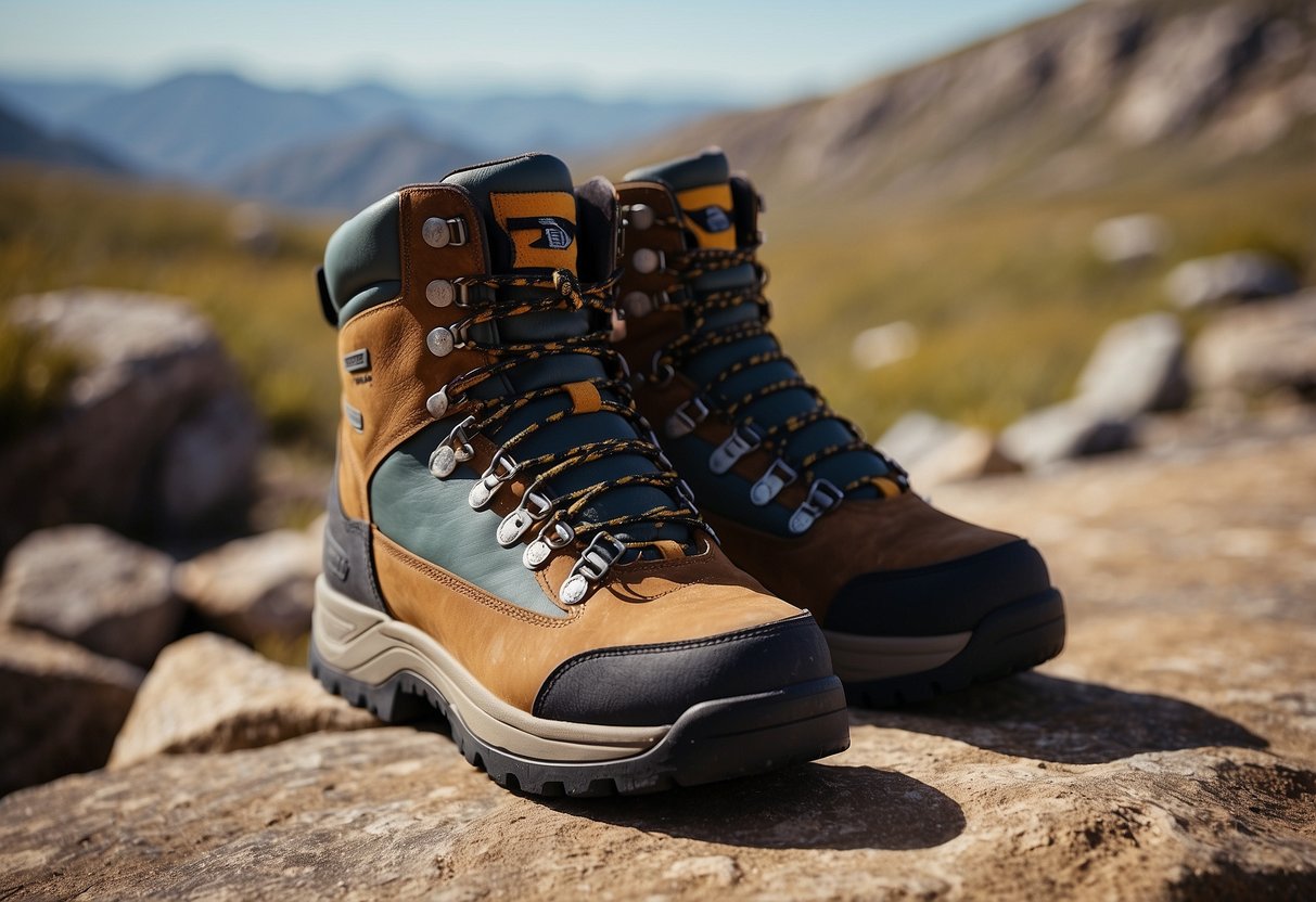 A pair of sturdy hiking boots surrounded by rocky terrain, with a colorful kite flying in the background