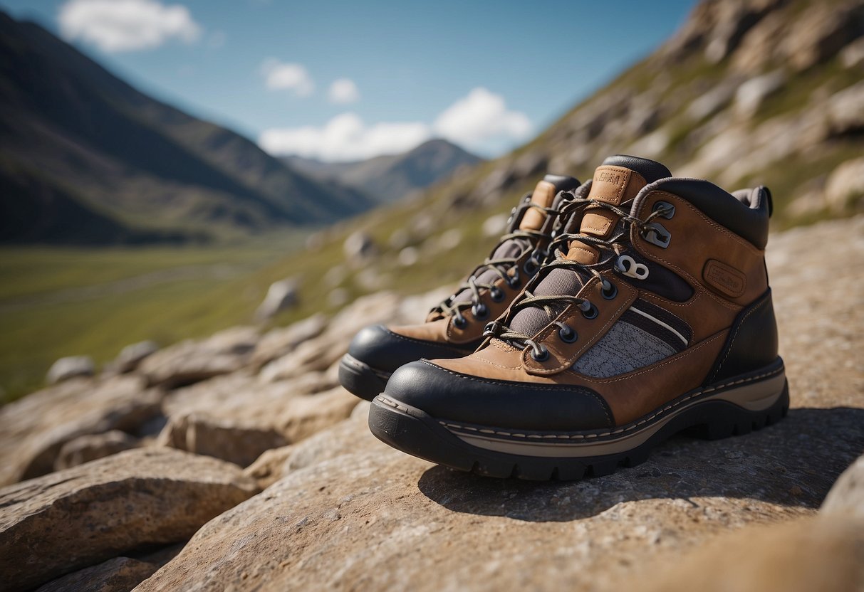 Kite flying shoes on rocky terrain, with safety tips displayed nearby