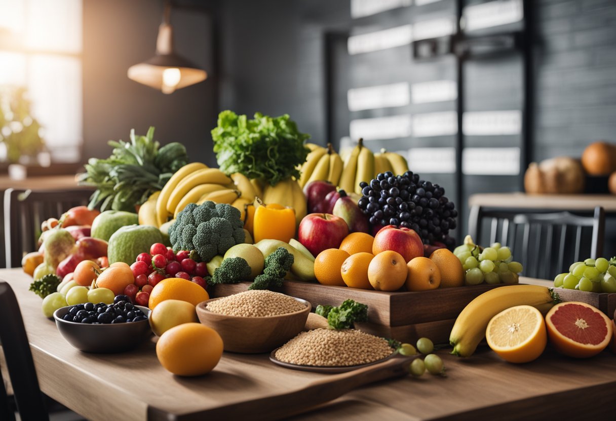 A table set with a variety of colorful fruits, vegetables, grains, and lean proteins, with a grocery list and meal plan pinned to the wall for reference