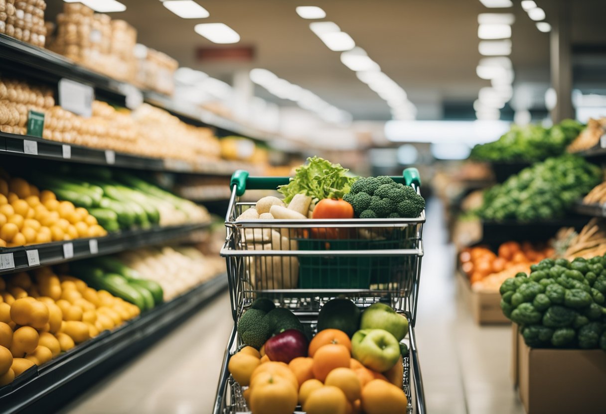 A grocery cart filled with fresh produce, whole grains, and lean proteins. A list of smart shopping tips in the background