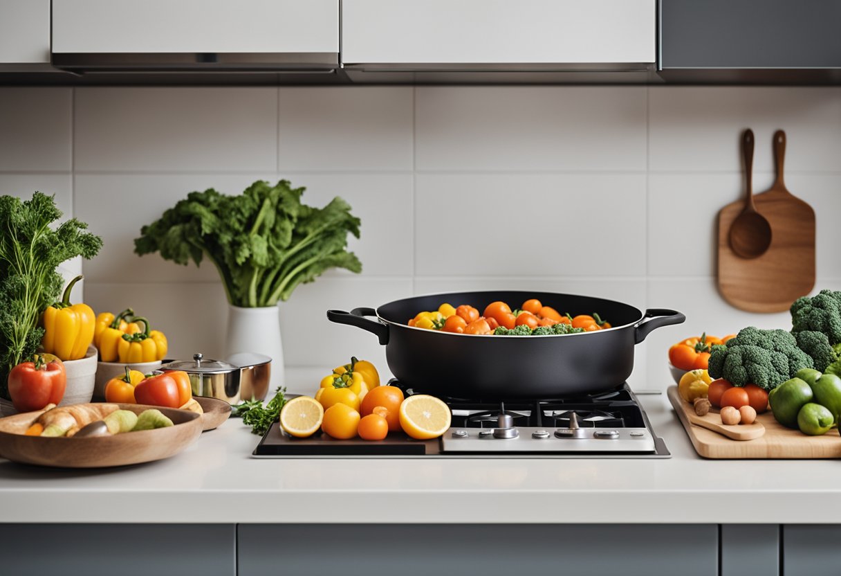 A simple kitchen with fresh produce and budget-friendly ingredients arranged neatly on the counter. A pot simmering on the stove and a cookbook open to a recipe page