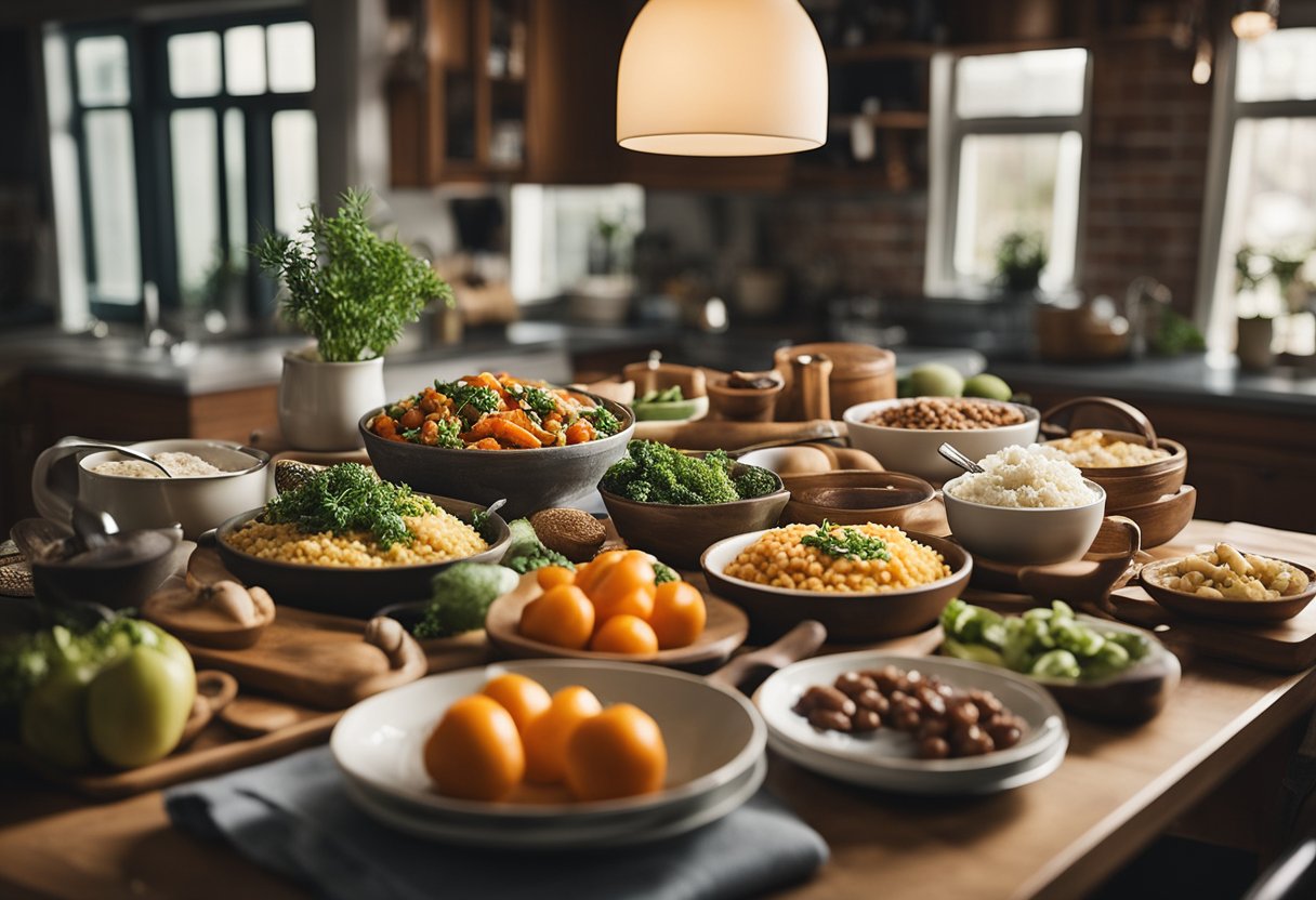 A cozy kitchen table set with a colorful array of homemade, nutritious meals, surrounded by budget-friendly ingredients and cooking utensils