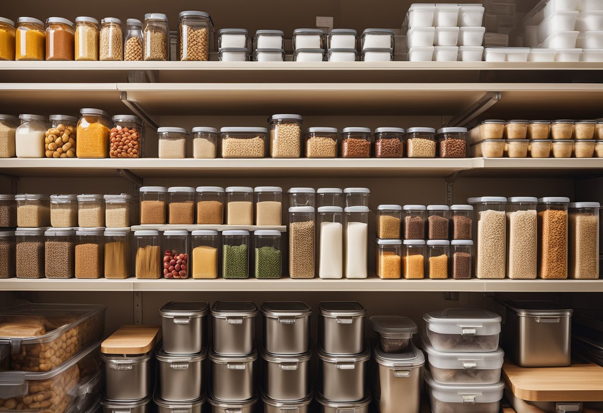 A well-organized pantry with various food items neatly arranged on shelves, including canned goods, grains, and fresh produce. Airtight containers and storage bags help preserve the food, while labels and expiration dates ensure proper rotation and consumption