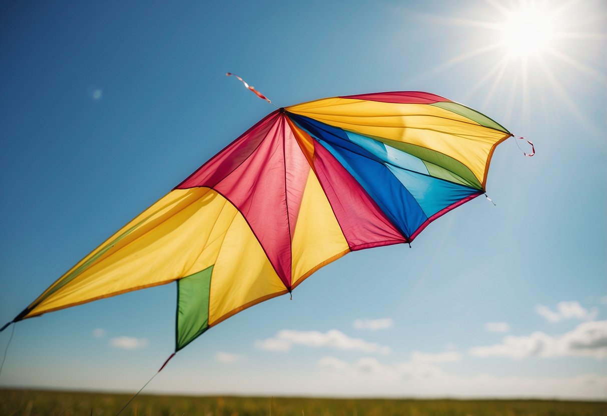 A colorful kite soars high above a vast, open field. The sun is shining, and the wind is strong, creating the perfect conditions for kite flying