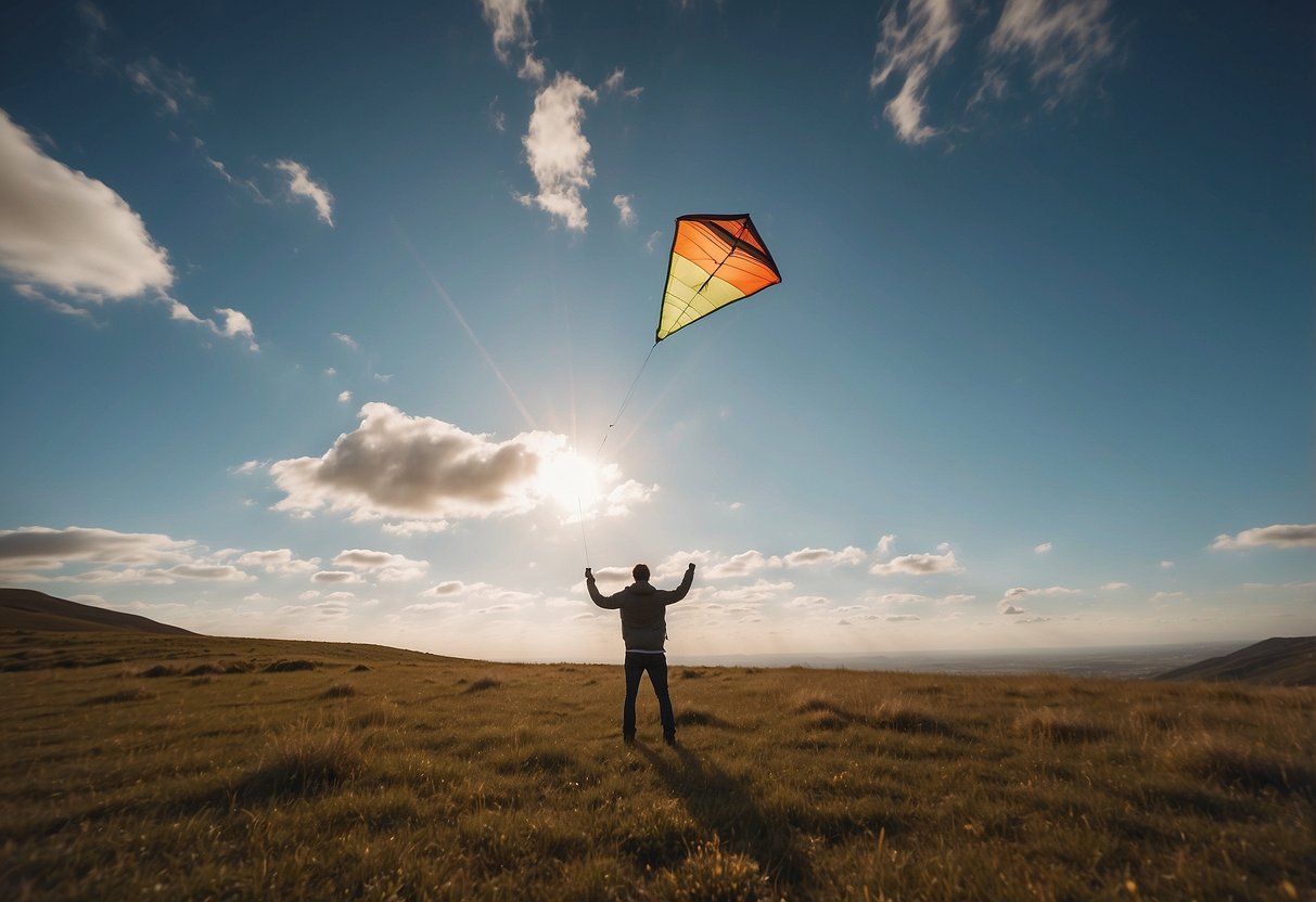 A person holding a lightweight kite reel, standing in a remote area with clear skies and open space. The kite is flying high in the air, with the person's back turned towards the viewer