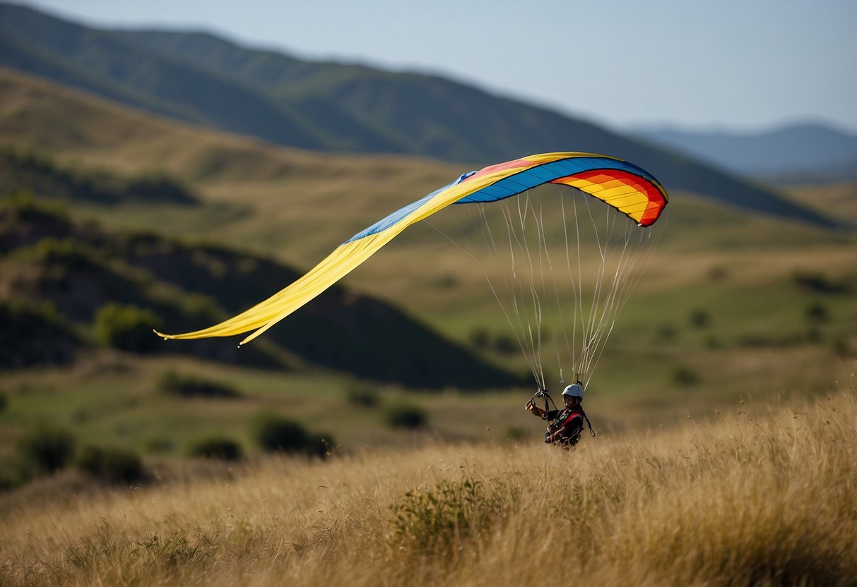 Kite flying in remote area. Windy conditions. Clear blue sky. Sparse vegetation. Rolling hills in background. Kite soaring high in the air