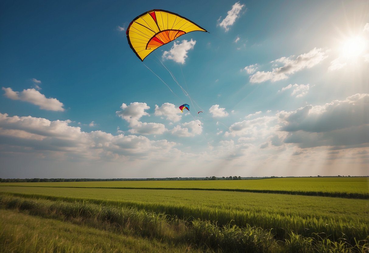 Kites soar above open fields, avoiding obstacles