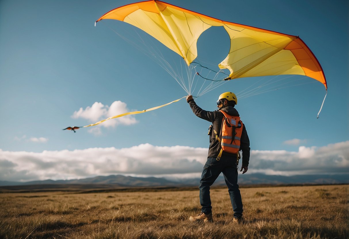 A person wearing safety gear flies a kite in a remote area, following 7 tips for safe kite flying