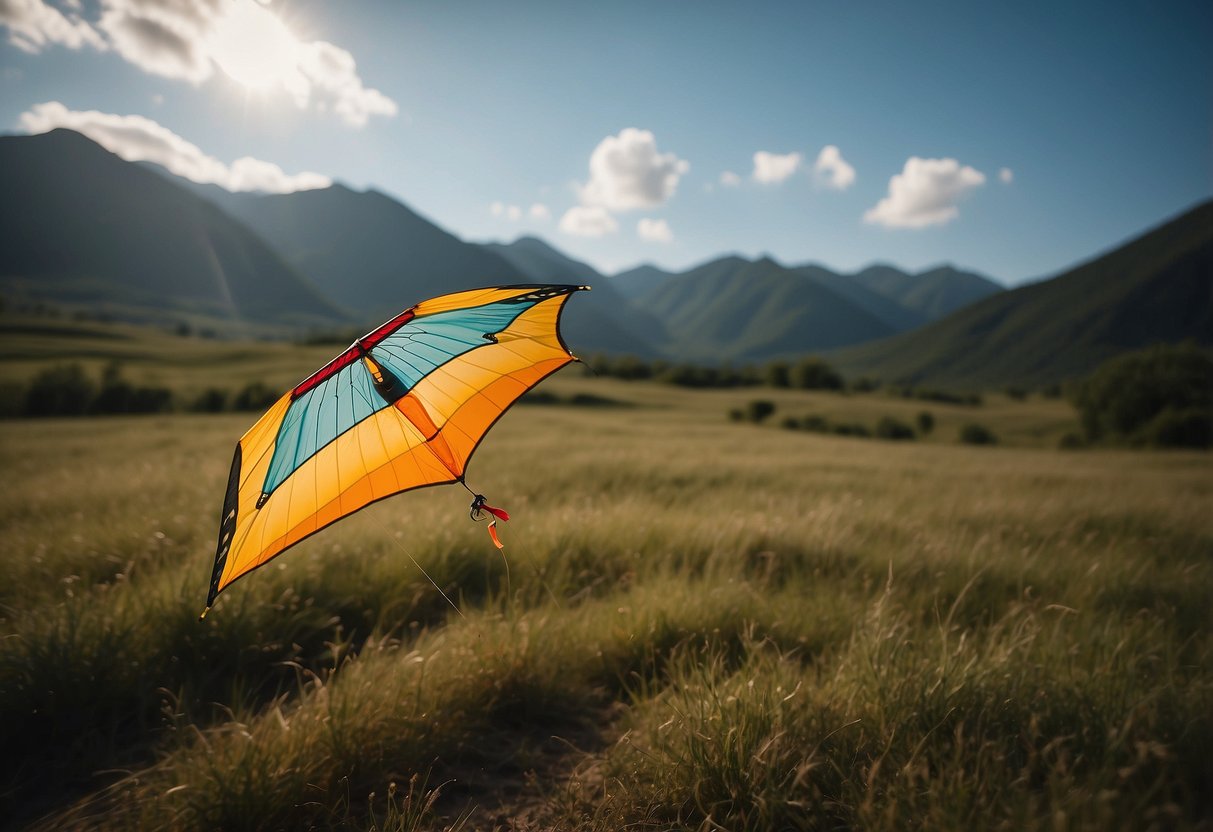 A kite soars high in a remote area, using optimized launch technique. Seven tips for successful kite flying are displayed nearby