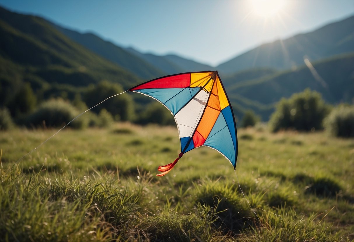 A kite flying in a remote area with clear skies and open space. The kite is securely tethered to a strong and stable anchor point