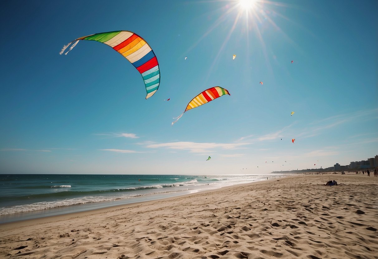 A sunny beach with colorful kites soaring high, held by lightweight poles. Clear blue sky and gentle breeze