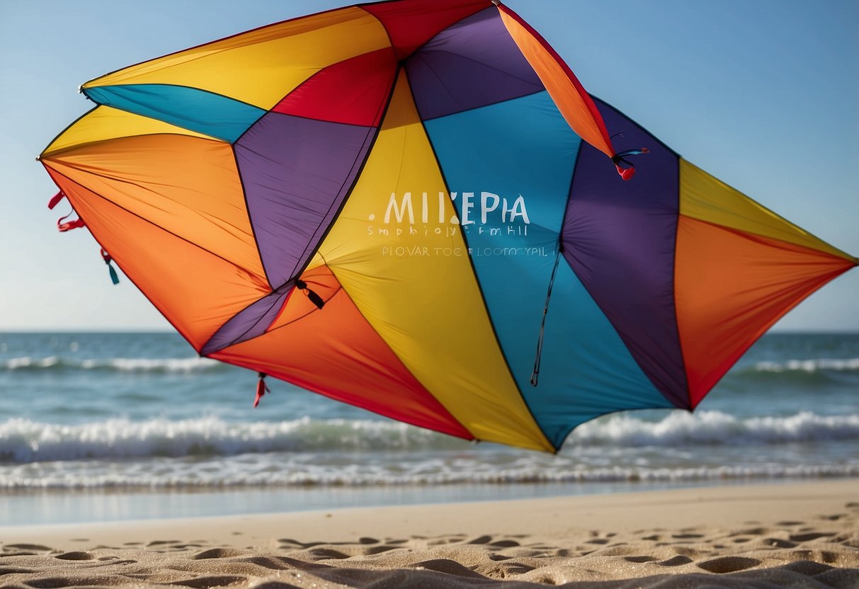 A colorful kite soars high in the sky, tethered to five lightweight poles on a sunny beach. The HQ Symphony Beach III 1.3 logo is visible on the kite