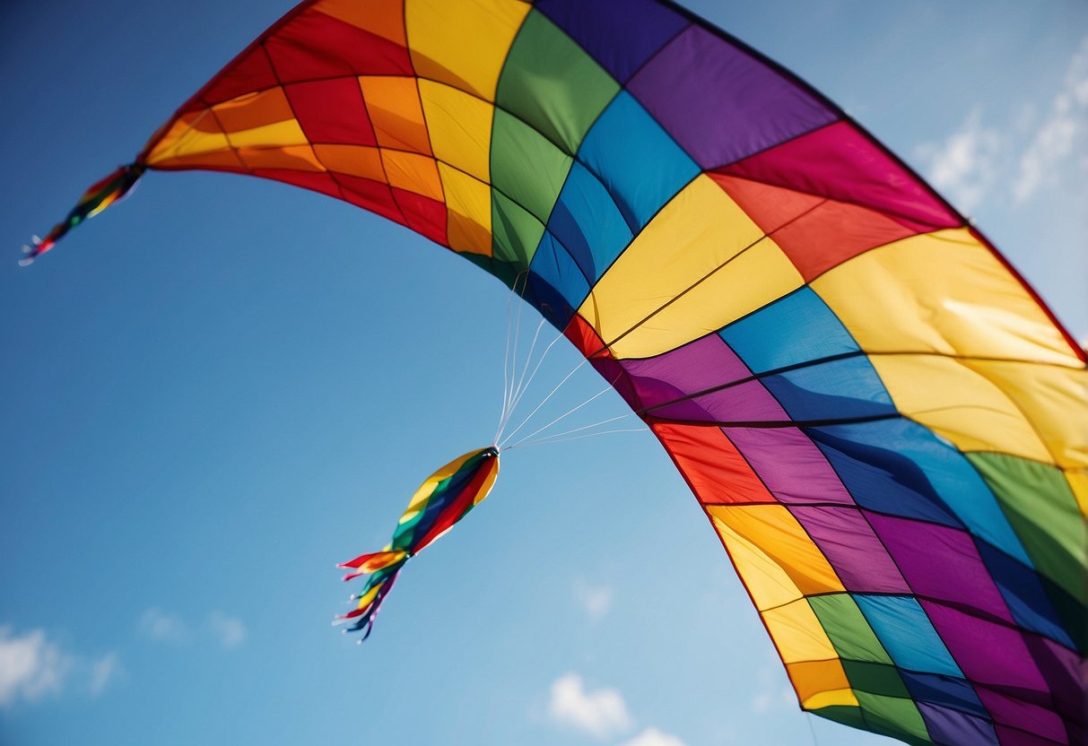 A colorful kite soars high in the sky, tethered to a lightweight pole. The breeze gently lifts the kite, creating a beautiful rainbow arc against the blue sky