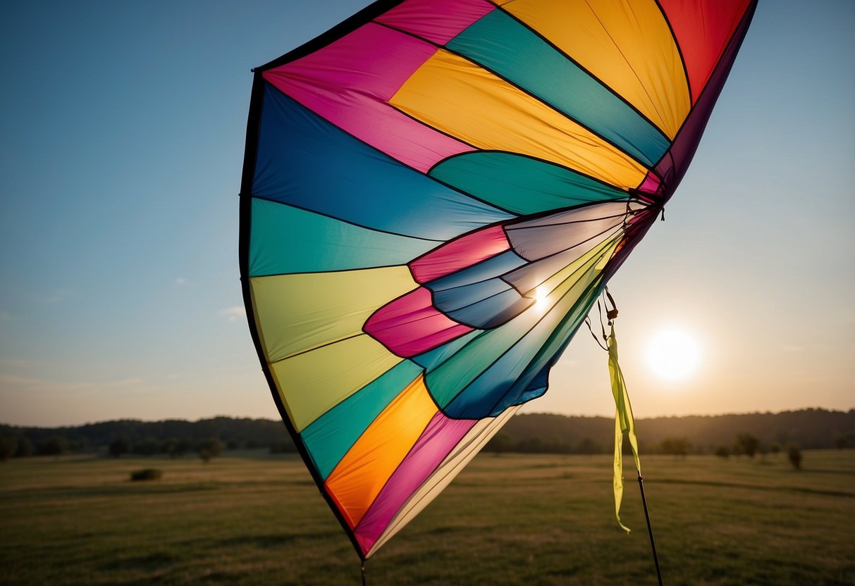 A colorful kite soars high in the sky, anchored by the Premier Kites Wind Tamer 5 lightweight poles. The poles stand tall and sturdy, allowing the kite to dance gracefully in the wind