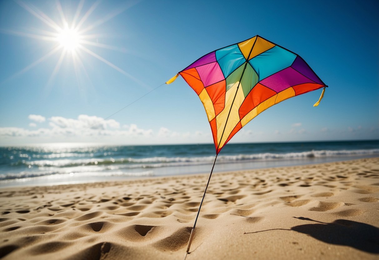 A sunny beach with clear blue skies. A colorful kite soars high, tethered to a lightweight pole. Elliot Seagull Air 5 logo visible