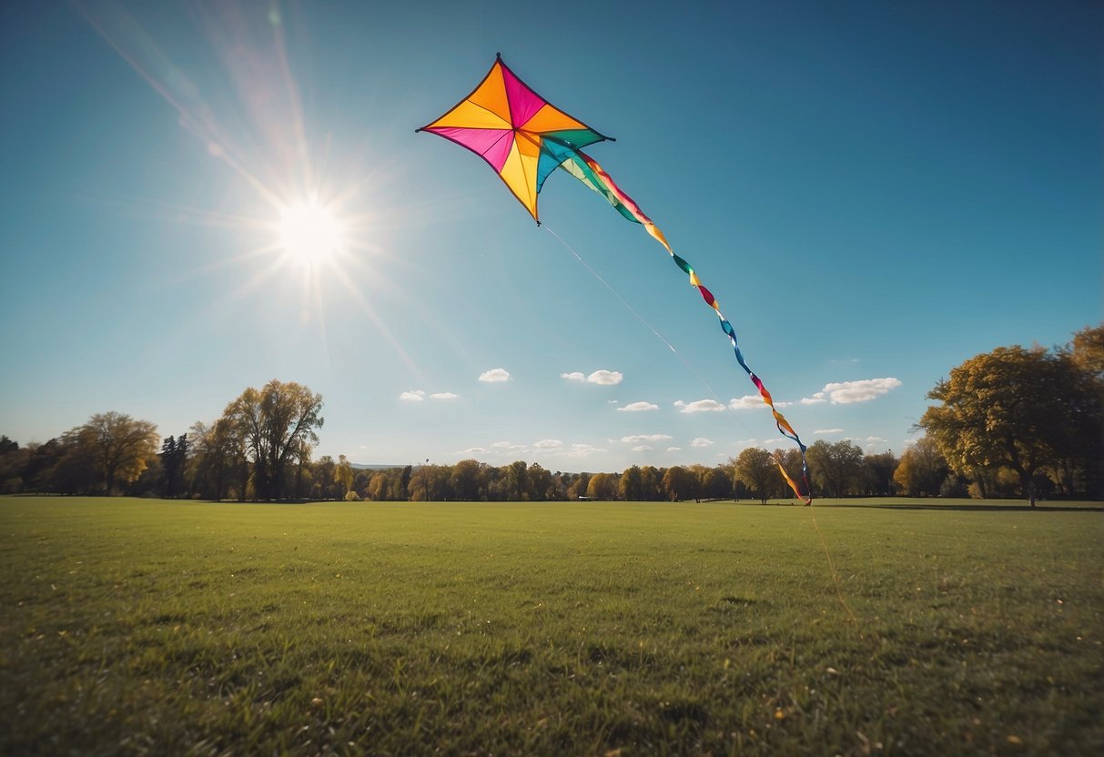 A sunny day at the park, a colorful kite flying high. Five lightweight poles lay on the grass, each made of different materials
