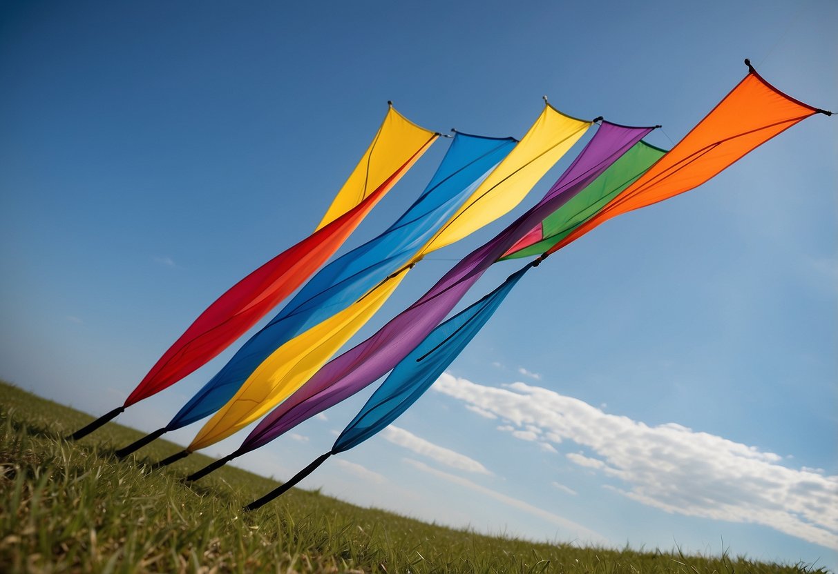 Five colorful lightweight kite flying poles, varying in length and flexibility, standing upright on a grassy field against a clear blue sky