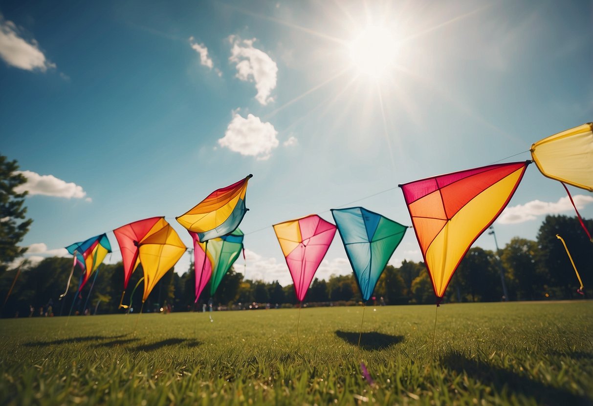 A sunny day at the park, colorful kites soaring in the sky. Five lightweight kite flying poles neatly arranged on the grass, ready for use