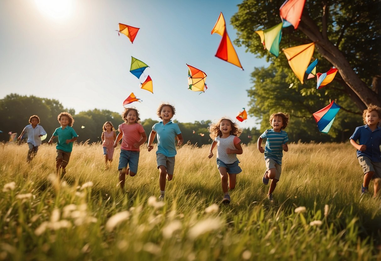 Children running in an open field, colorful kites soaring in the sky, trees swaying in the breeze, birds chirping, sun shining, and a sense of joy and freedom in the air