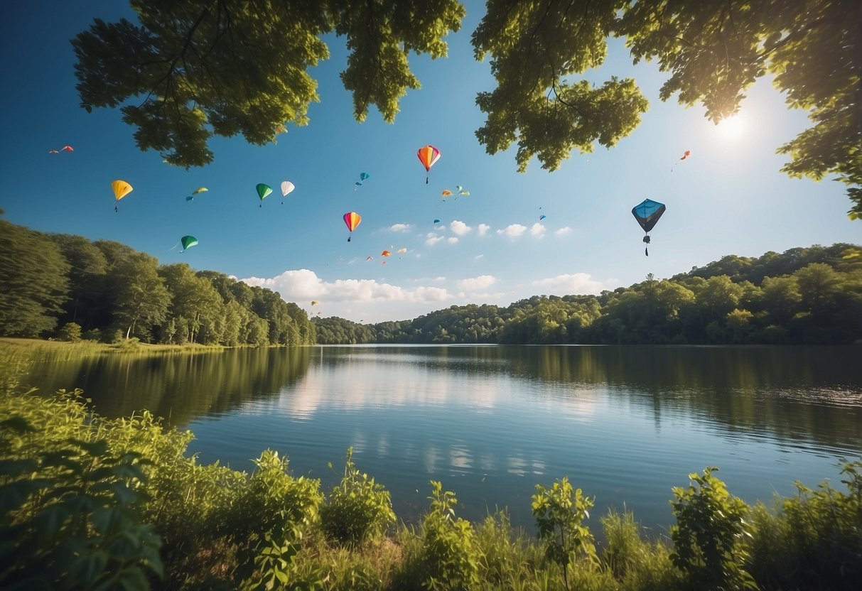 A serene lake surrounded by lush greenery, with a gentle breeze carrying colorful kites soaring through the clear blue sky