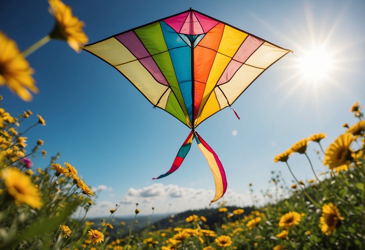 A colorful eco-friendly kite soars above a lush green landscape, surrounded by blooming flowers and fluttering butterflies. The sun shines brightly in the clear blue sky, as the kite connects with nature