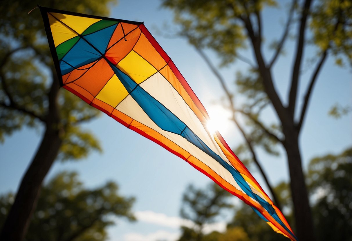 A colorful kite soars through the sky, dancing with the wind. Trees sway gently, birds chirp, and the sun shines down, creating a peaceful and serene atmosphere for wind meditation