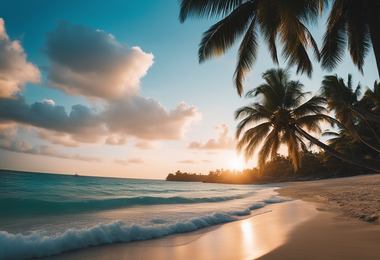 A serene beach with palm trees, clear blue waters, and a colorful sunset