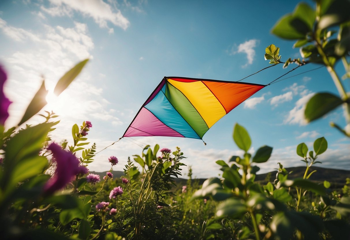Lush greenery surrounds a colorful kite flying high in the sky, with various plants and flowers in the foreground. The scene exudes a sense of connection with nature and the beauty of local flora