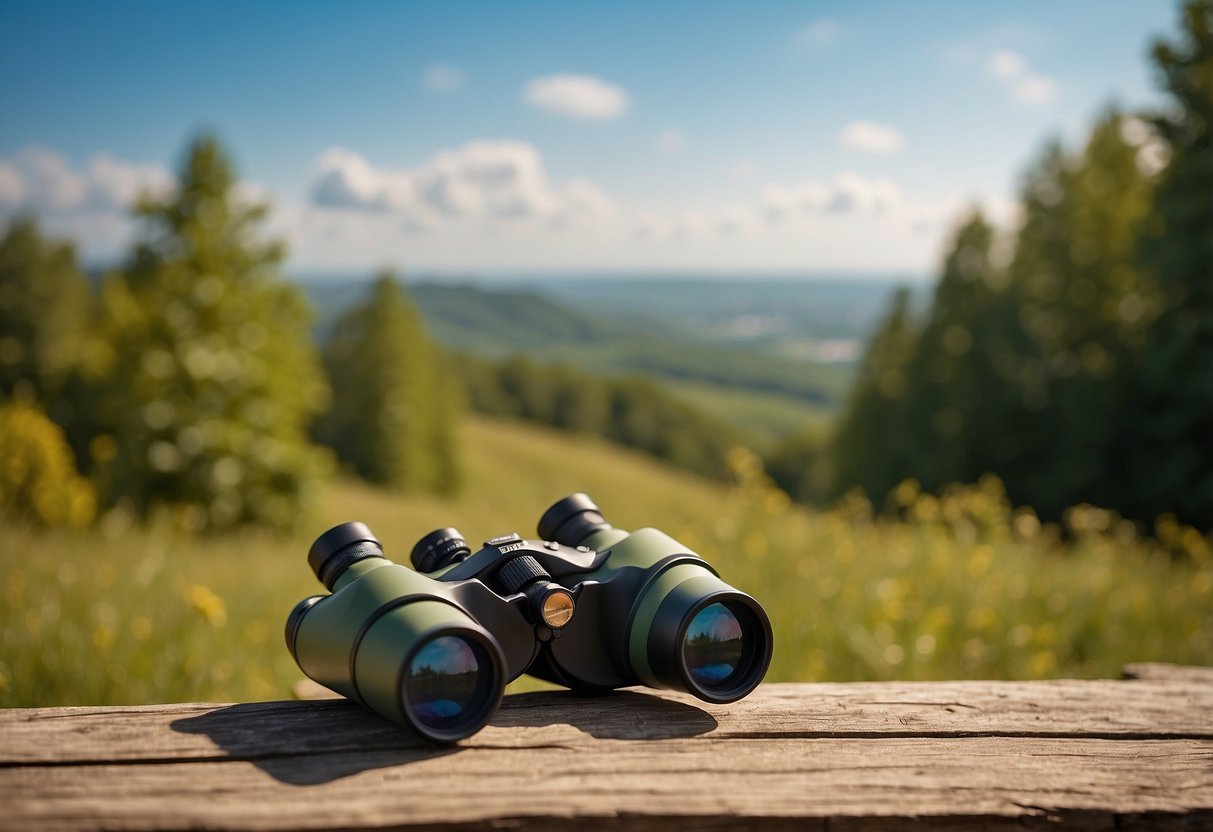 A pair of binoculars rests on a grassy hill overlooking a colorful kite flying in the sky, surrounded by trees and birds