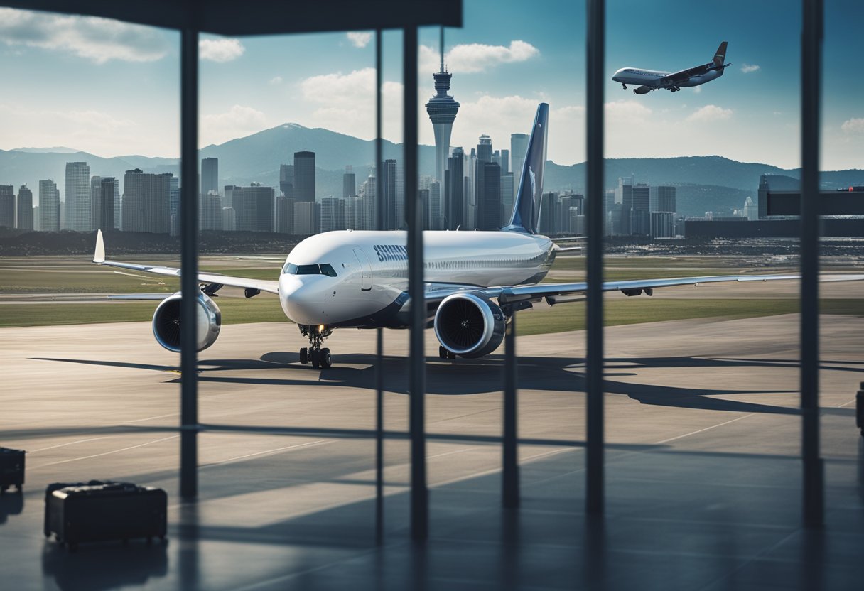 A bustling international airport with planes taking off and landing, surrounded by a diverse array of city skylines and natural landscapes