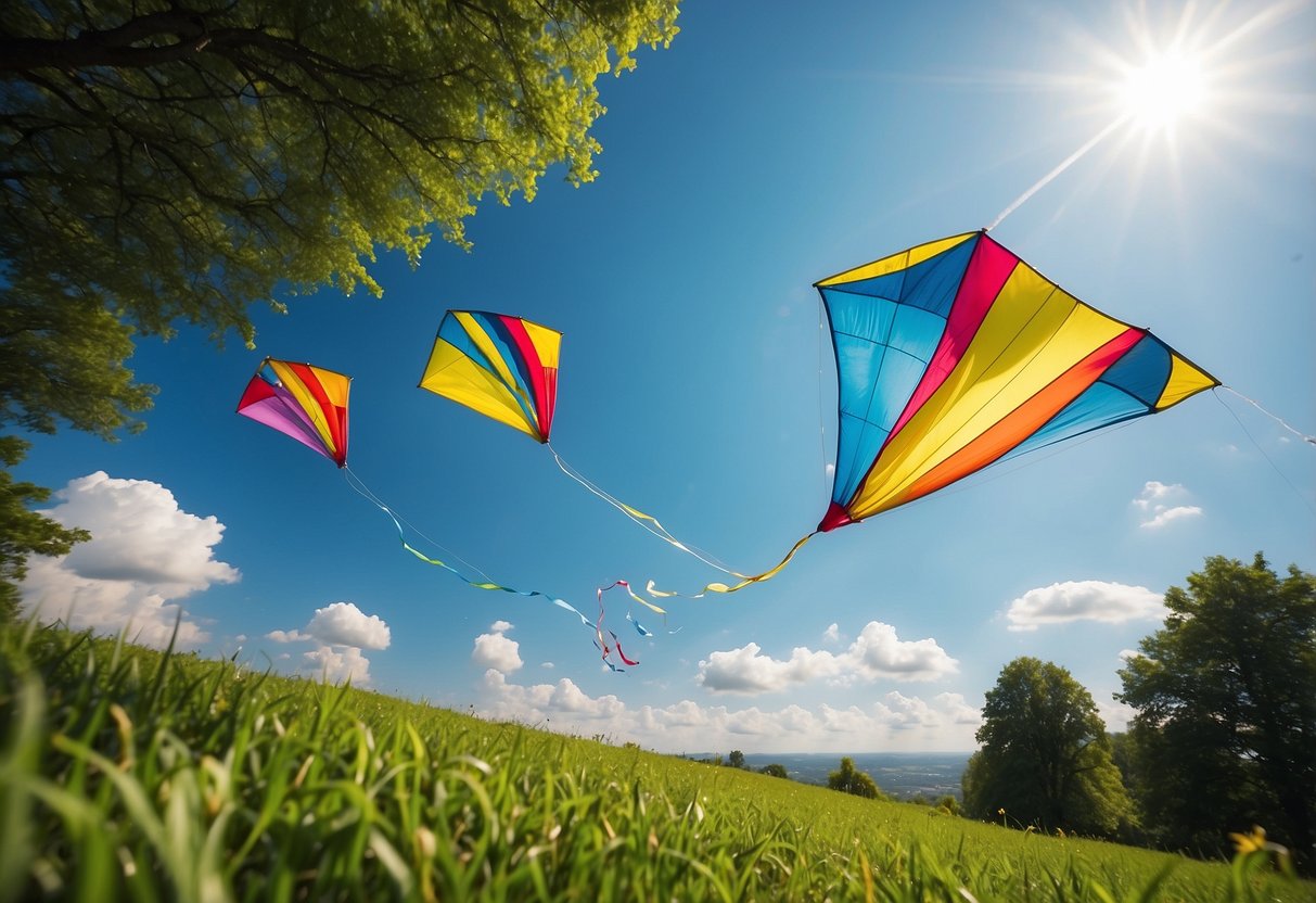 Lush green meadow with colorful kites soaring against a bright blue sky. Trees and flowers in the background, with a gentle breeze rustling the leaves